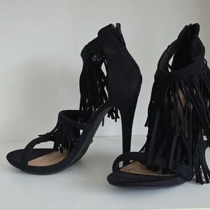 JustFab Black Fringe Stiletto Sandals